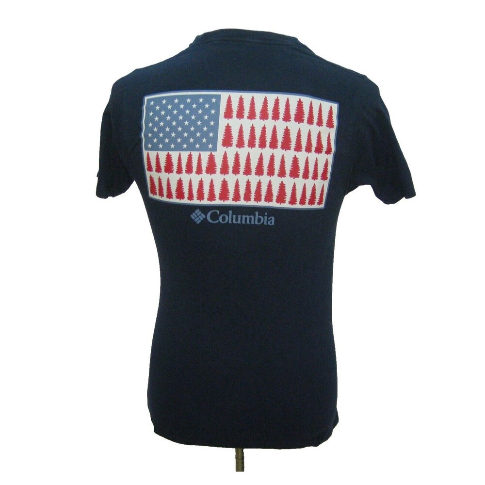 COLUMBIA Men's (Size Medium) Blue Short Sleeve Flag Graphic T-Shirt 100% Cotton